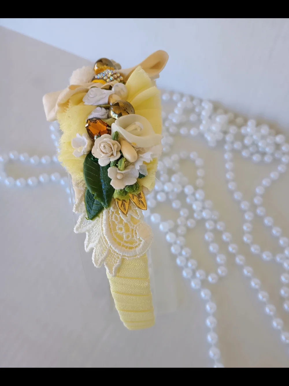 Handmade Yellow Floral Pearl Embellished Padded Headband🎀✨